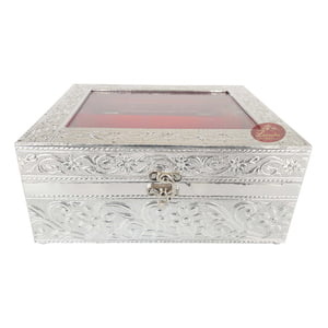 Silver Coloured Wooden Handmade Metal Finish Window 2 Roll Bangle Box-RED